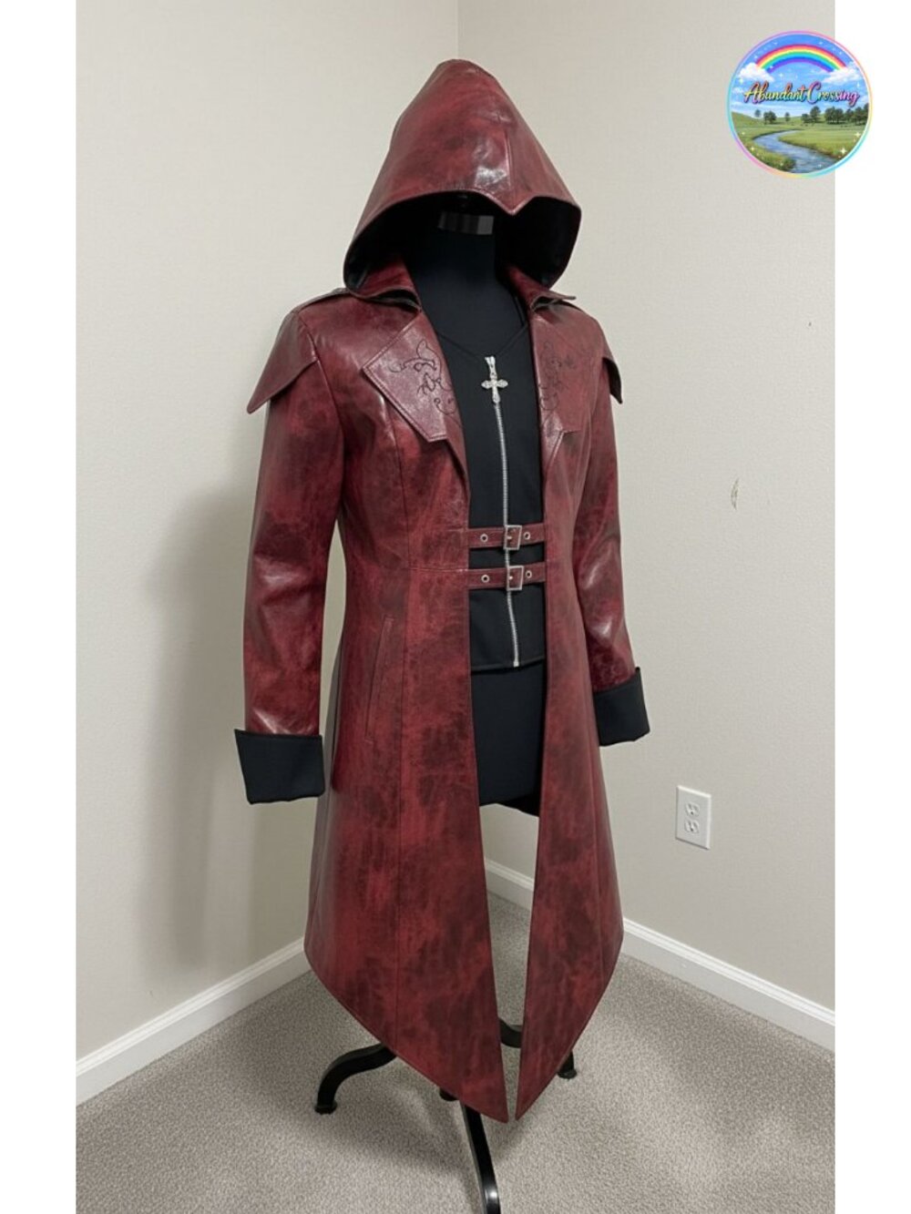 Men's Gothic Faux Leather Hooded Long Coat Medieval Assassin